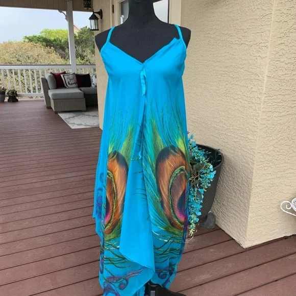 Indian Tropical Bohemian‎ Blue Dress Peacock Print - Picture 4 of 16
